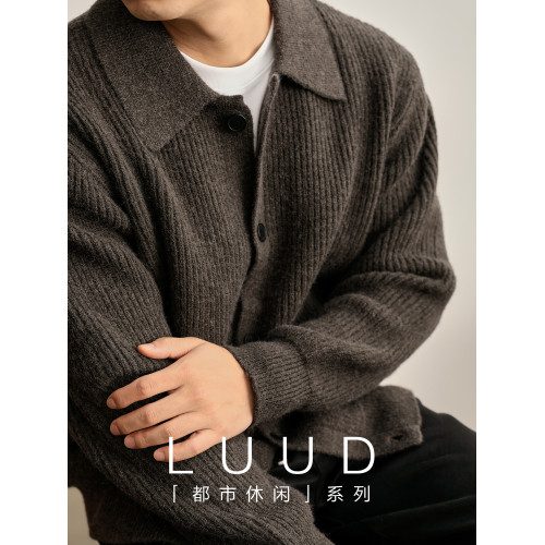 LUUD 慵懶風坑條肌理感翻領針織開衫毛衣男秋冬簡約cleanfit外套