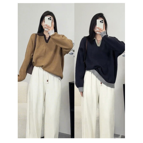 大碼女裝設計感復古polo領針織上衣女秋冬胖mm慵懶風撞色別致毛衣