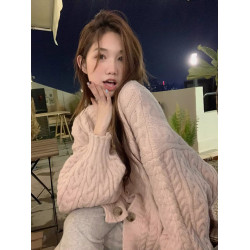 溫柔軟糯粉色麻花毛衣外套女秋冬外穿中長款寬松慵懶風針織開衫厚