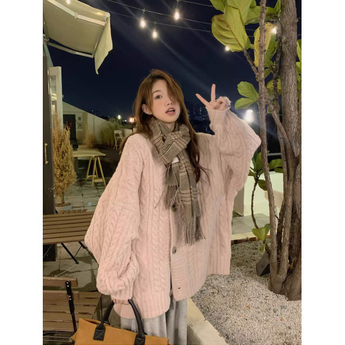 溫柔軟糯粉色麻花毛衣外套女秋冬外穿中長款寬松慵懶風針織開衫厚