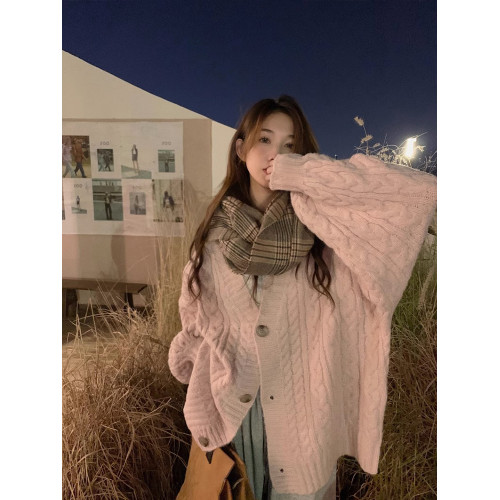 溫柔軟糯粉色麻花毛衣外套女秋冬外穿中長款寬松慵懶風針織開衫厚