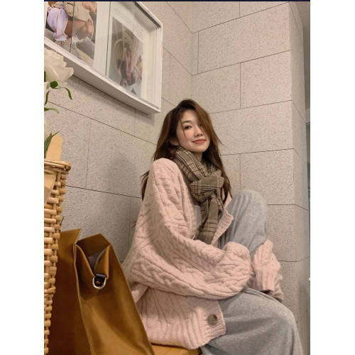 溫柔軟糯粉色麻花毛衣外套女秋冬外穿中長款寬松慵懶風針織開衫厚