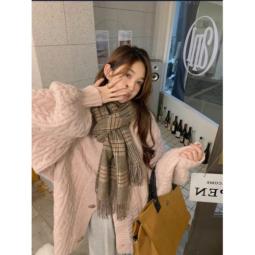 溫柔軟糯粉色麻花毛衣外套女秋冬外穿中長款寬松慵懶風針織開衫厚