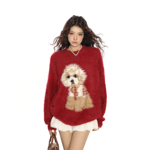 BIGGOLD紅色聖誕小狗軟糯馬海毛毛衣女秋冬慵懶風新年針織衫上衣