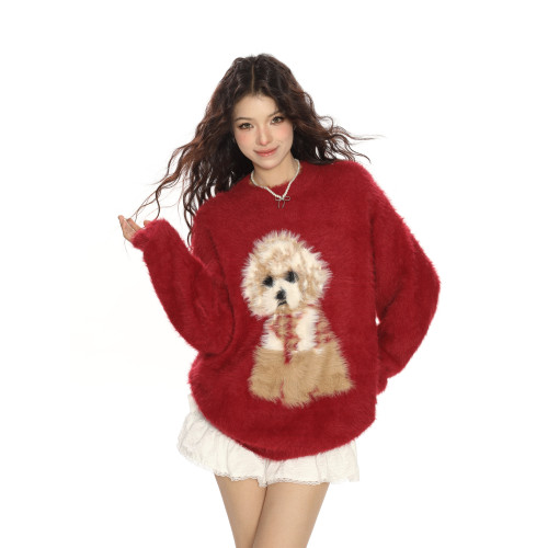 BIGGOLD紅色聖誕小狗軟糯馬海毛毛衣女秋冬慵懶風新年針織衫上衣