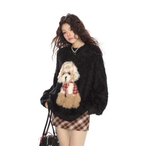 BIGGOLD紅色聖誕小狗軟糯馬海毛毛衣女秋冬慵懶風新年針織衫上衣