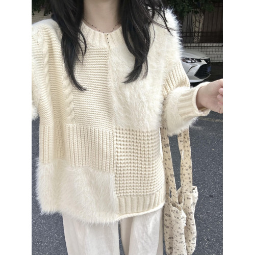 白色拼接水貂絨毛衣女秋冬慵懶高級感冬季設計感韓系寬松針織上衣