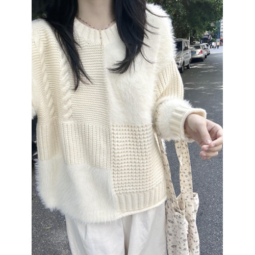 白色拼接水貂絨毛衣女秋冬慵懶高級感冬季設計感韓系寬松針織上衣