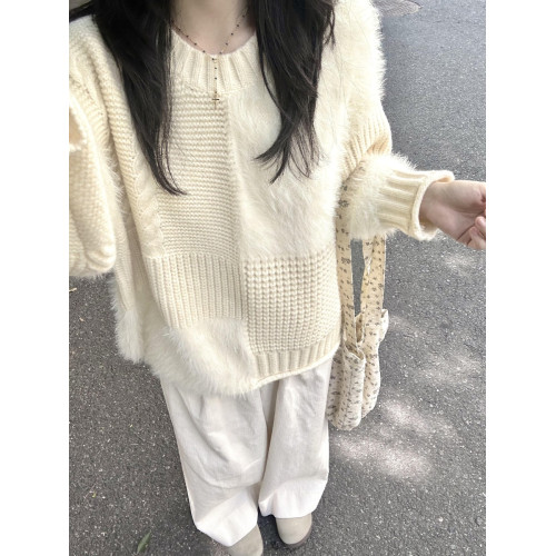 白色拼接水貂絨毛衣女秋冬慵懶高級感冬季設計感韓系寬松針織上衣