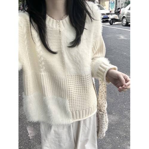 白色拼接水貂絨毛衣女秋冬慵懶高級感冬季設計感韓系寬松針織上衣