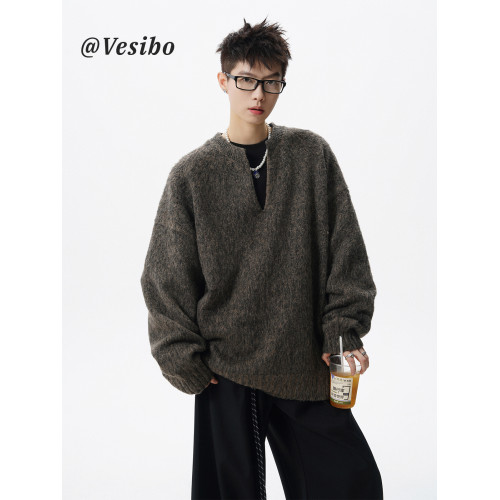 老錢風V領針織衫男冬季潮牌慵懶風痞帥休閒毛衣復古百搭情侶上衣