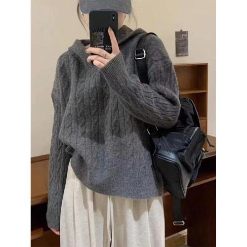 慵懶風復古灰色連帽針織毛衣女秋冬季2025新款小個子內搭打底上衣