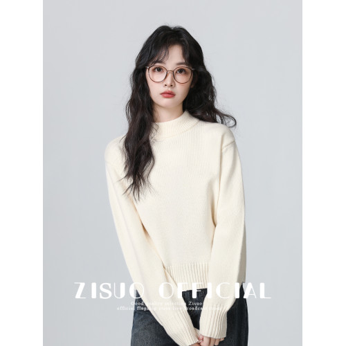 杏色半高領毛衣女秋冬2026新款寬鬆加厚套頭針織衫內搭打底短上衣