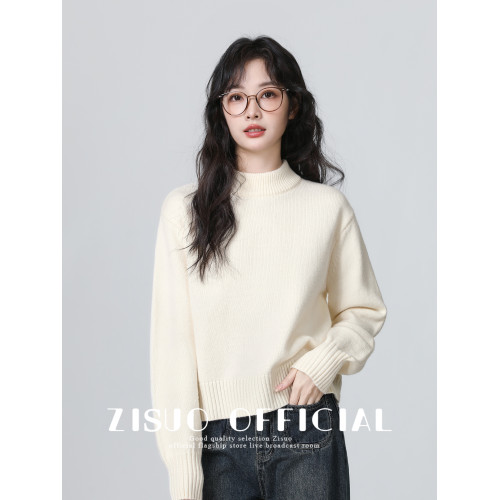 杏色半高領毛衣女秋冬2026新款寬鬆加厚套頭針織衫內搭打底短上衣