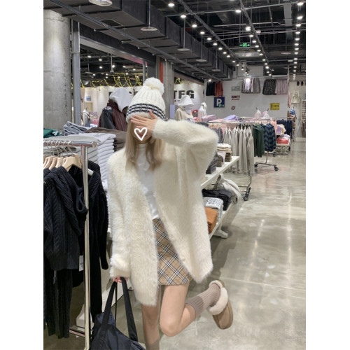 PPHOME溫柔風軟糯仿貂毛毛衣短外套女秋季慵懶寬鬆中長款開衫上衣