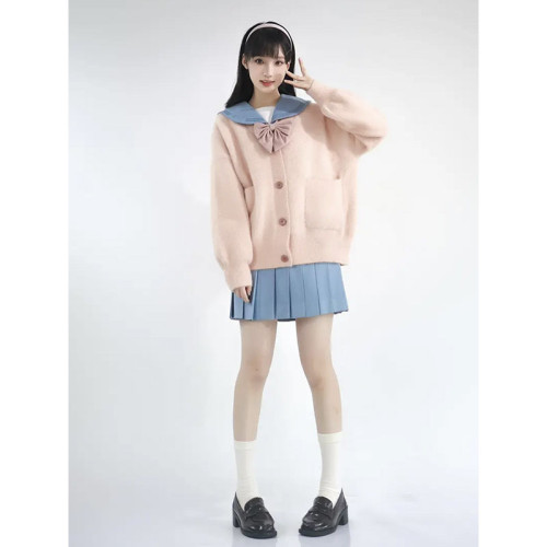 秋冬款仿水貂絨JK針織衫開衫寬松百搭慵懶風長袖外套高級感毛衣女