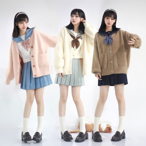 秋冬款仿水貂絨JK針織衫開衫寬松百搭慵懶風長袖外套高級感毛衣女