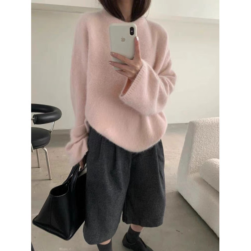 圓領水貂絨毛衣女秋冬季韓系軟糯寬鬆慵嬾風高級感套頭針織衫上衣