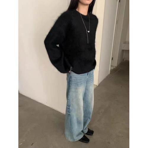 圓領水貂絨毛衣女秋冬季韓系軟糯寬鬆慵嬾風高級感套頭針織衫上衣