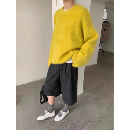 圓領水貂絨毛衣女秋冬季韓系軟糯寬鬆慵嬾風高級感套頭針織衫上衣