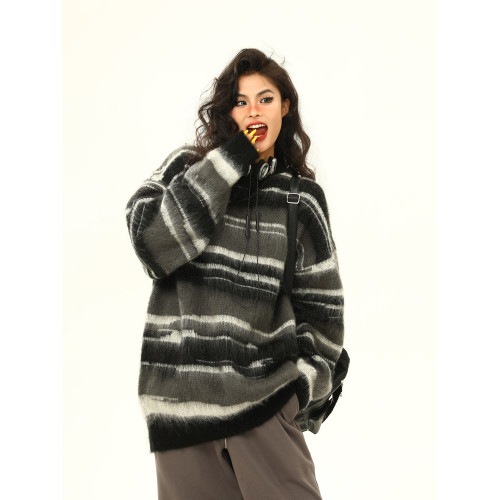 野生阿子美式復古馬海毛條紋毛衣女春秋慵嬾氛圍感情侶針織衫上衣