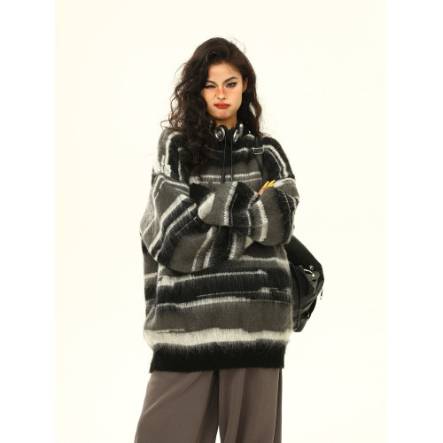 野生阿子美式復古馬海毛條紋毛衣女春秋慵嬾氛圍感情侶針織衫上衣