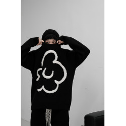 高級甜酷氛圍感立體毛巾綉花朵秋冬軟糯慵嬾黑色北極絨套頭毛衣女