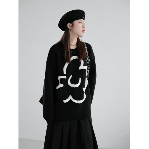 高級甜酷氛圍感立體毛巾綉花朵秋冬軟糯慵嬾黑色北極絨套頭毛衣女