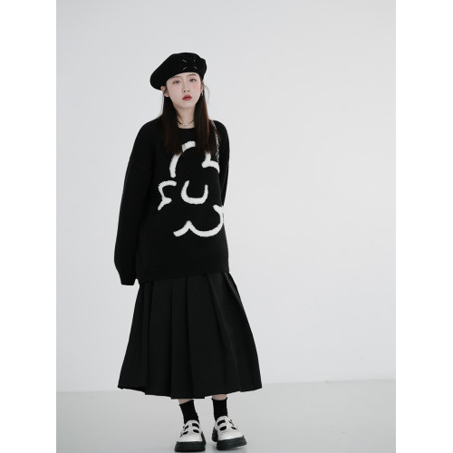 高級甜酷氛圍感立體毛巾綉花朵秋冬軟糯慵嬾黑色北極絨套頭毛衣女