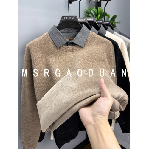 【一體絨】襯衫領假兩件毛衣男加厚加絨保暖上衣雪尼爾針織打底衫