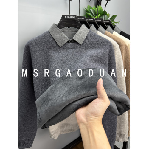 【一體絨】襯衫領假兩件毛衣男加厚加絨保暖上衣雪尼爾針織打底衫