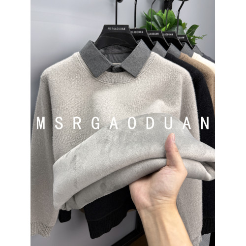 【一體絨】襯衫領假兩件毛衣男加厚加絨保暖上衣雪尼爾針織打底衫