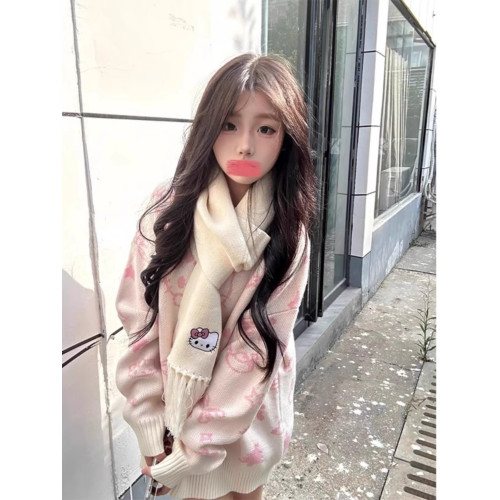 卡通凱蒂貓日系復古慵嬾風毛衣女秋冬寬鬆外穿學生軟糯針織衫上衣