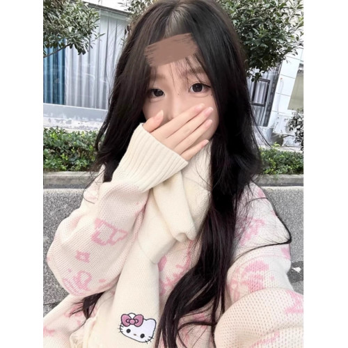 卡通凱蒂貓日系復古慵嬾風毛衣女秋冬寬鬆外穿學生軟糯針織衫上衣
