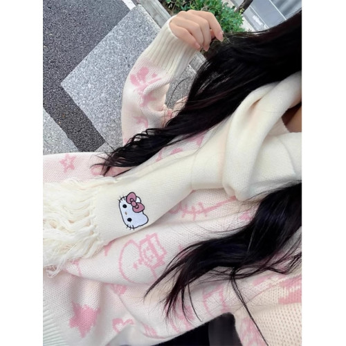 卡通凱蒂貓日系復古慵嬾風毛衣女秋冬寬鬆外穿學生軟糯針織衫上衣