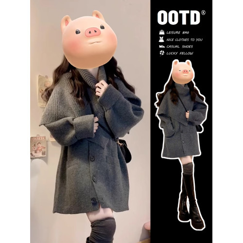 灰色韓系高級感毛衣外套女早春2026新款中長款慵懶風加厚針織上衣