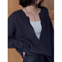 法式復古高級感灰色深v領浣熊絨毛衣女秋冬慵嬾風曡穿針織衫上衣