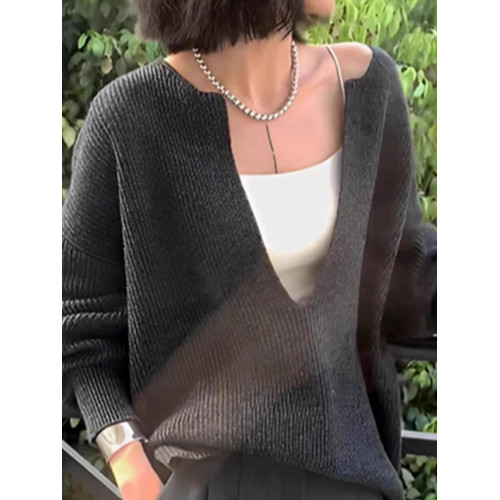 法式復古高級感灰色深v領浣熊絨毛衣女秋冬慵嬾風曡穿針織衫上衣