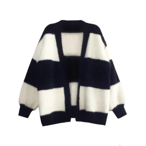 仿馬海毛條紋外套女2025秋冬寬鬆針織開衫厚外穿慵懶風黑白毛衣