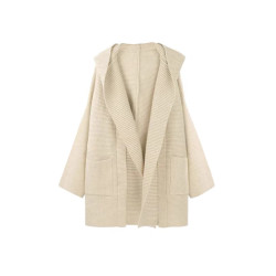 杏色連帽毛衣開衫外套女秋冬季加厚寬鬆外穿慵嬾風中長款針織上衣