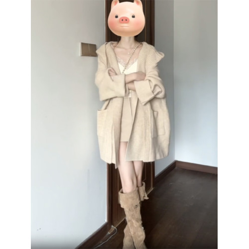 杏色連帽毛衣開衫外套女秋冬季加厚寬鬆外穿慵嬾風中長款針織上衣