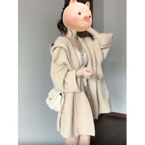 杏色連帽毛衣開衫外套女秋冬季加厚寬鬆外穿慵嬾風中長款針織上衣