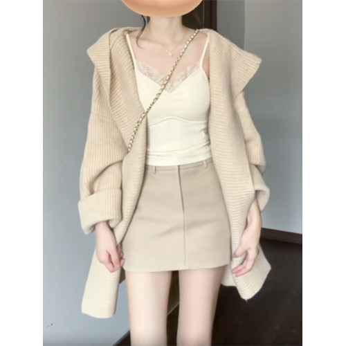 杏色連帽毛衣開衫外套女秋冬季加厚寬鬆外穿慵嬾風中長款針織上衣