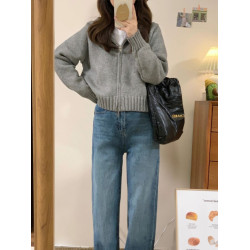 灰色拉鍊連帽毛衣開衫外套女款2025新款秋冬季慵嬾風短款針織上衣