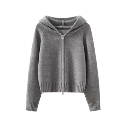 灰色拉鍊連帽毛衣開衫外套女款2025新款秋冬季慵嬾風短款針織上衣