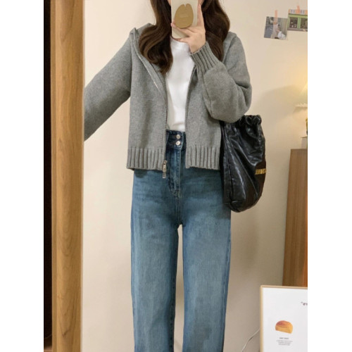 灰色拉鍊連帽毛衣開衫外套女款2025新款秋冬季慵嬾風短款針織上衣