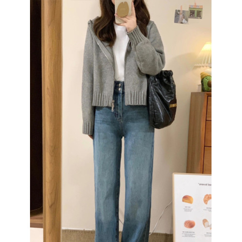 灰色拉鍊連帽毛衣開衫外套女款2025新款秋冬季慵嬾風短款針織上衣
