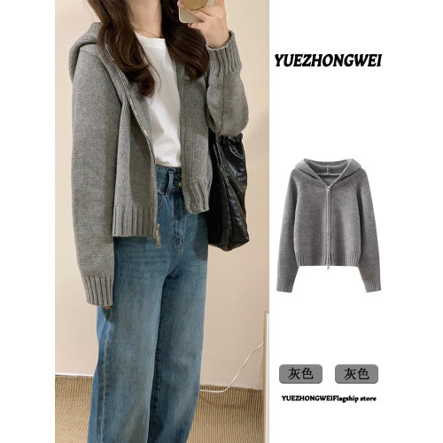 灰色拉鍊連帽毛衣開衫外套女款2025新款秋冬季慵嬾風短款針織上衣