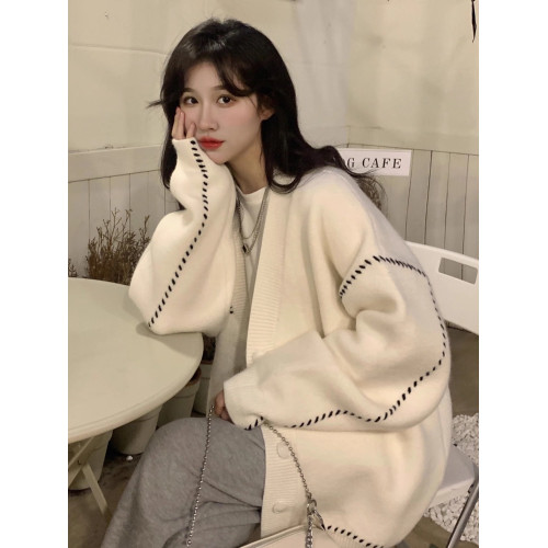 高級感超好看毛衣女秋冬外穿寬松慵懶風中長款白色針織外套開衫 高級感超好看毛衣女秋冬外穿寬松慵懶風中長款白色針織外套開衫