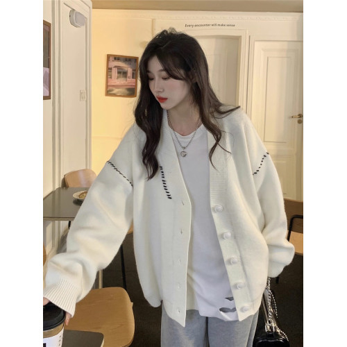 高級感超好看毛衣女秋冬外穿寬松慵懶風中長款白色針織外套開衫 高級感超好看毛衣女秋冬外穿寬松慵懶風中長款白色針織外套開衫